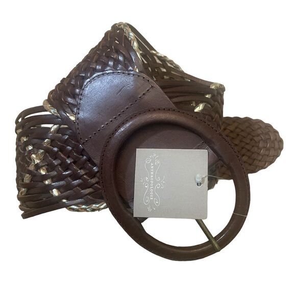 Anthropologie Accessories - NWT Anthropologie Wide High Waist Brown Leather Woven Metallic Accent Belt Sz M